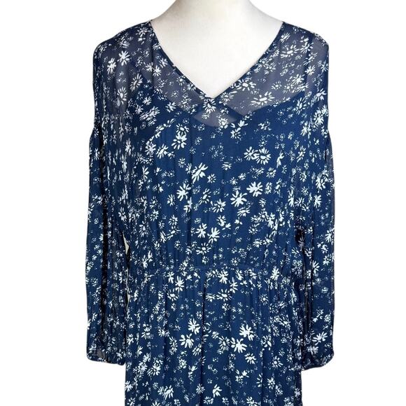 Free People Navy White Floral Long Sleeve Back Tie Blouson Bohemian Midi Dress - Picture 8 of 16